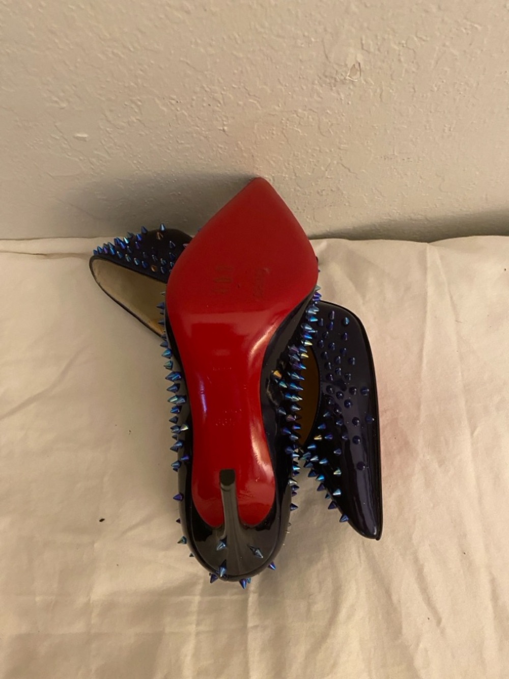 Christian Louboutin Navy Patent Spike-Embellished Pointed Pumps 6.5/36.5
